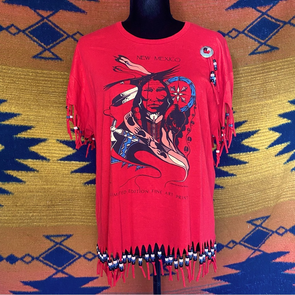 VTG Screen Stars Best Black Label Native American beaded Fringe Tee Shirt. XL